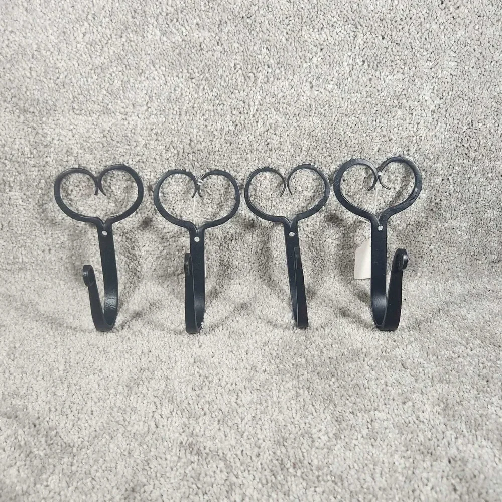 Heart Wall Hooks Black Wrought Iron Hand Forged Rustic Farmhouse Set of 4